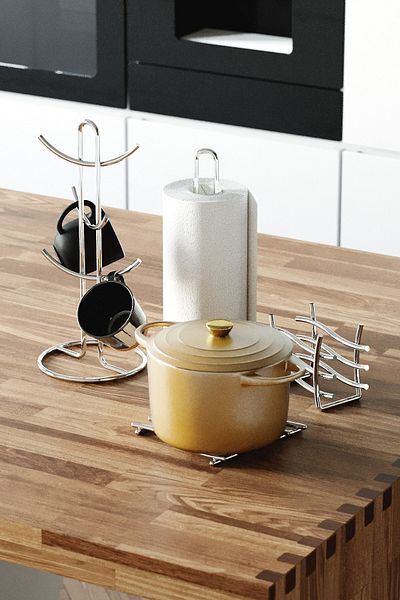 Tekno-tel Teknotel Set of 4 - Tableware, Kitchen, Napkin Holder, Towel Holder and Trivet Mug Cup Hanger Chrome Mgset6