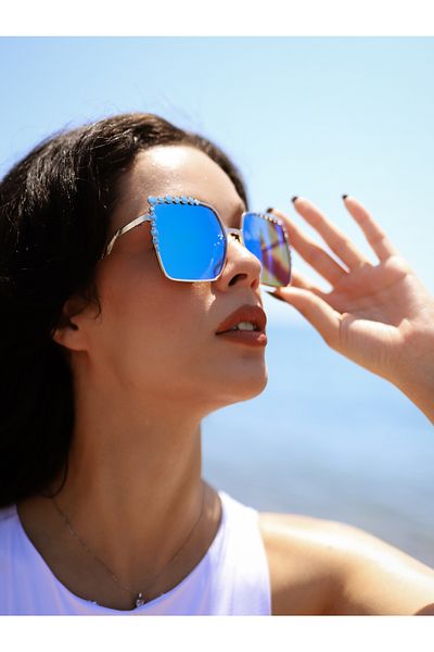 TomyHelf Square Blue Pearl Gold Frame Blue Mirrored Glass Women's Sunglasses