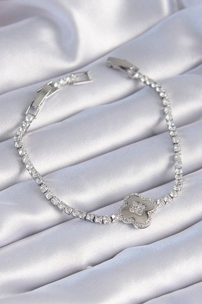 NEZADE STORE Brass Silver Color Zircon Stone Clover Model Women's Bracelet - Lisinya