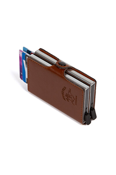 Newish Polo Tan Leather Automatic Card Anti-Shooting Aluminum Double Mechanism Card Holder and Wallet