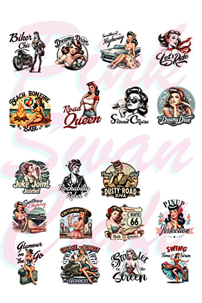 Pink Swan Craft Vintage Biker Pin Up Girls Σετ αυτοκόλλητων, Bullet Journal, ...