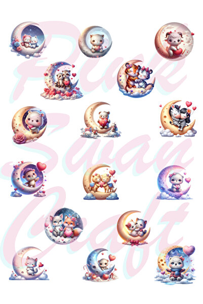 Pink Swan Craft Slatke životinje koje sede na mesecu, set naljepnica, bullet ...