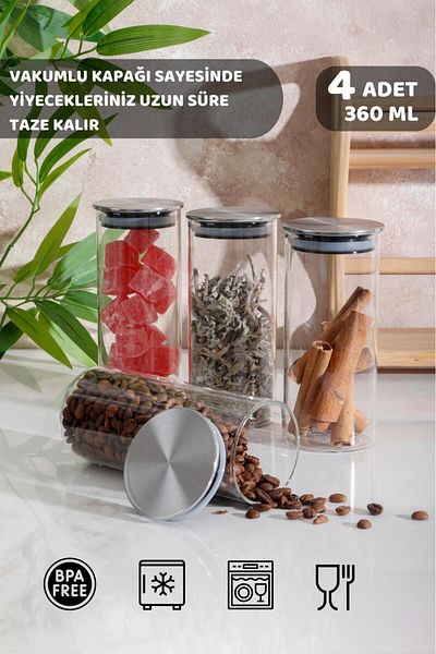 HOMENIVA 4 Piece Borosilicate Glass Jar Set with Metal Lid 360 ml