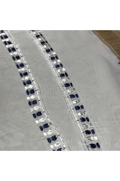 Bukle İplik Blue and White Sequential Tassel White Striped Decorative Strip - 2 cm Width (5 Meters)