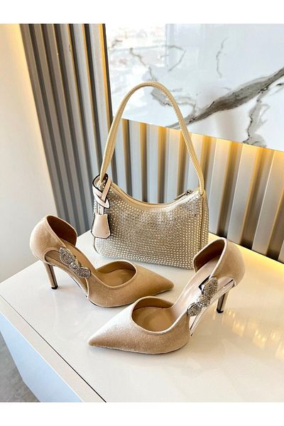 M&B Women's High Heels with Stone Detail - Bag Combination, 11 cm Heel Height, No. 36-40