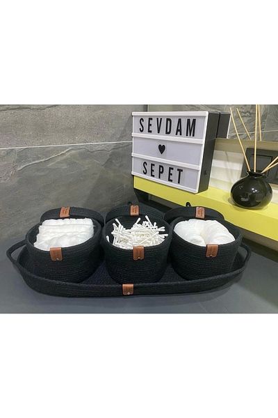 Sevdam Sepet Black Triple Bathroom Basket Set + Rope Tray, Decorative Basket, Cotton Bowl, Cotton Basket, Earwash Basket
