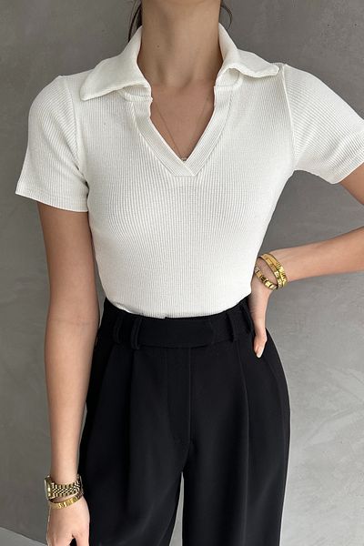 Rabi Shine Rabi̇ Shi̇ne Short Sleeve Collar Detail V-Neck T-Shirt
