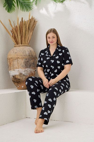 pijamacity Oversize Women's Short Sleeve Cotton Front Buttoned Pajama Set