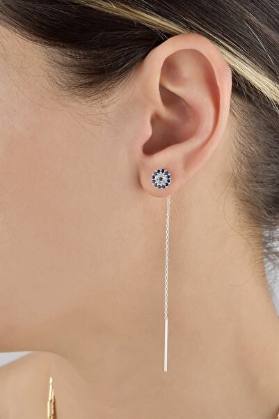 jelux silver Gümüş 925 Ayar 7 Mm Safir Taşlı Nazar Sallantı Küpe
