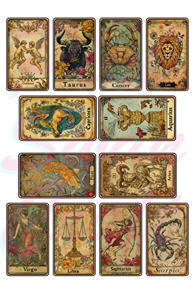 Pink Swan Craft Комплект стикери с винтидж карти Таро със зодиакални знаци – самозалепващи се стикери за скрапбук и Bullet Journal