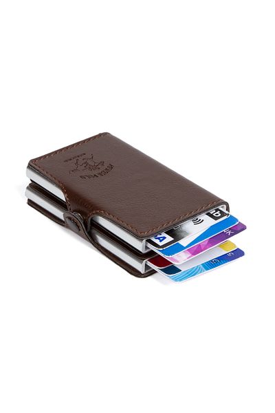 Newish Polo Brown Leather Automatic Card Anti-Shooting Aluminum Double Mechanism Card Holder and Wallet