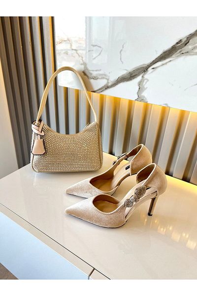 M&B Women's High Heels with Stone Detail - Bag Combination, 11 cm Heel Height, No. 36-40