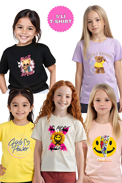 YA KO KİDS Set de 5 tricouri pentru fete Power-No Rules-Hello-Be Cute-Don't W...
