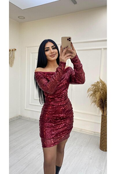 BERİ BUTİK Madonna Collar Red Sequined Dress