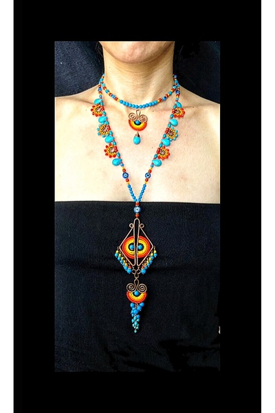 MODA Sıkma Turkuaz Taşlı El Yapımı Bakır Tel Sarma Uzun Kolye