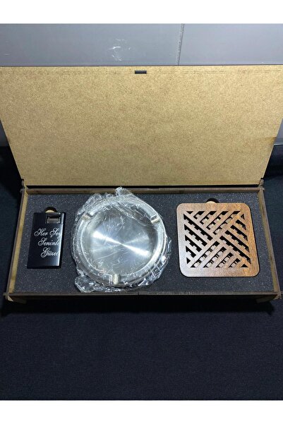 Dns Baskı Merkezi Ahşap Kutulu Metal Küllük Çakmak ve Bardak Altlığı