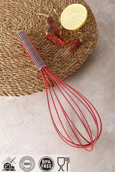 HOMENIVA 1 Piece Red Plaid Silicone Tip Whisk - Fireproof Non-Stick
