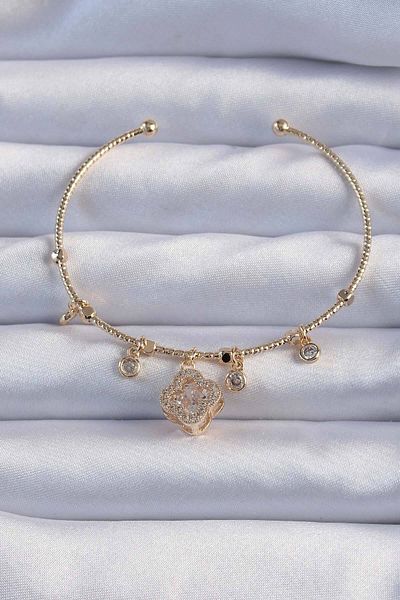 NEZADE STORE Brass Gold Color Zircon Stone Clover Model Charm Bracelet - Lisinya