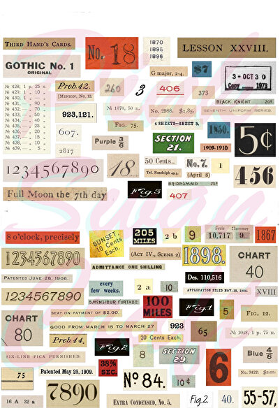 Pink Swan Craft Vintage Ephemera Şerit Rakamlar ve Yazılı Sayılar Etiket Seti...