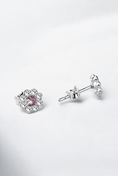 jelux silver Gümüş 925 Ayar Cam Taşlı Pembe Papatya Model Çivili ?üpe