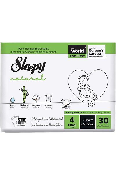 Sleepy Natural Size 4 | 30 Count | 7-14Kg Diapers | Organic Cotton | Bamboo | 100% Dry