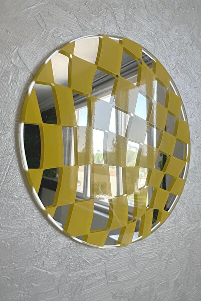 Ortakçı Design Echo Deco Kare Desenli Baskılı Yuvarlak Dekoratif Ayna Sarı Re...