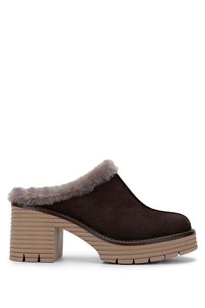 Tamer Tanca Women's Genuine Leather Brown Nubuck Heeled Slippers