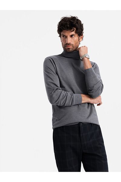 OMBRE Einfarbiger Herren Strickrollkragen mit Viskose - grau melange V2 OM-SWTN-0101 L
