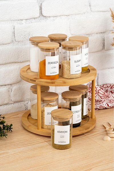 emir home shop 10-Piece Bamboo Lid Rolling Glass Spice Rack Set with Swivel Stand and Spoon Sticker Set Storage Jar