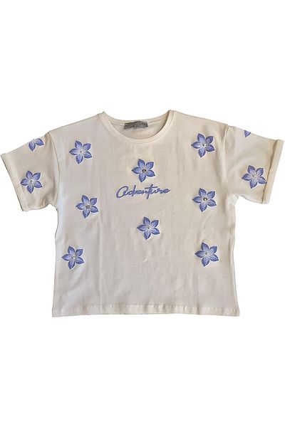 Little Star Girl's Floral Printed Stone and Pearl Detailed Tshirt