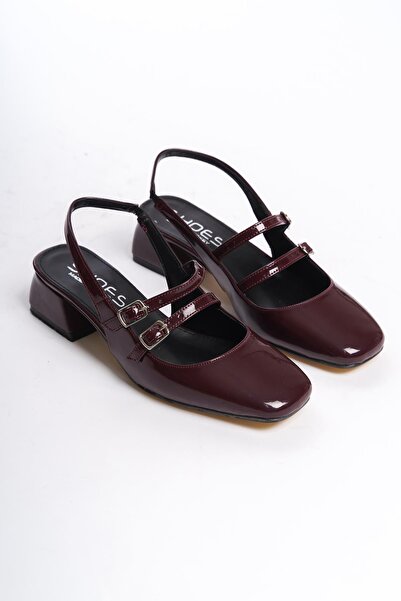 Bak Store Mary Jane Claret Red Patent Leather Open Back Blunt Toe Short Heeled Shoes