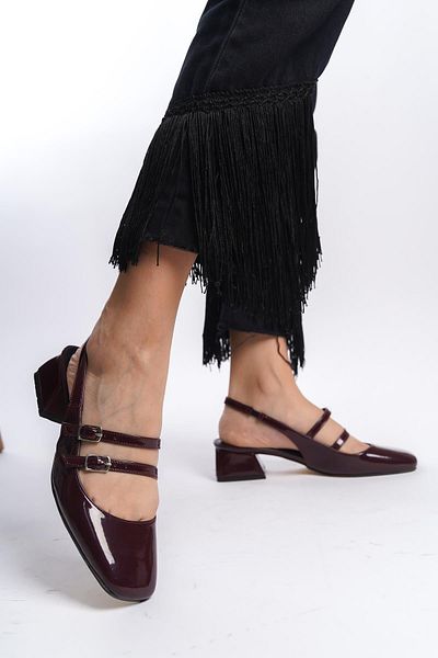 Bak Store Mary Jane Claret Red Patent Leather Open Back Blunt Toe Short Heeled Shoes