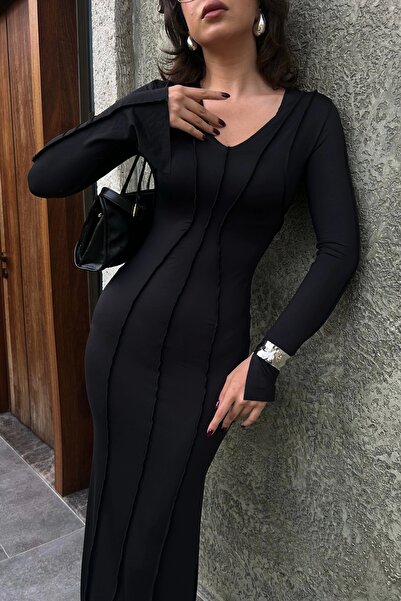 Eka Kadın Siyah Ters Dikiş Elbise 1007-4773