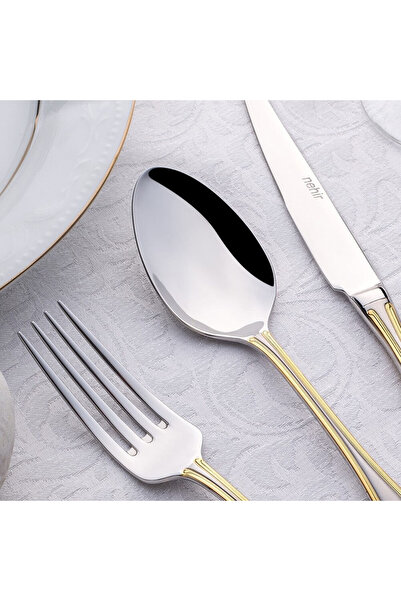 Nehir Cutlery set. (Spoons - forks - knives). Consists of 89 pieces. With luxury wooden box.Gold