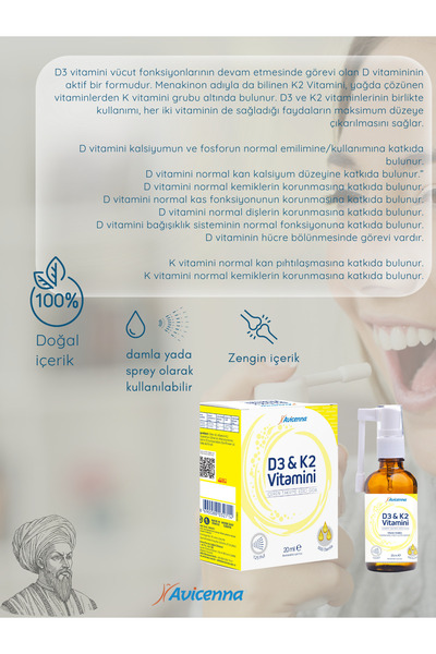 Avicenna D3 & K2 Vitamini Sprey ya da Damla - 20 ml, D3K2