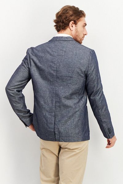 CELIO Men Slim Fit Chambray Long Sleeve Suit Jacket, Blue Denim