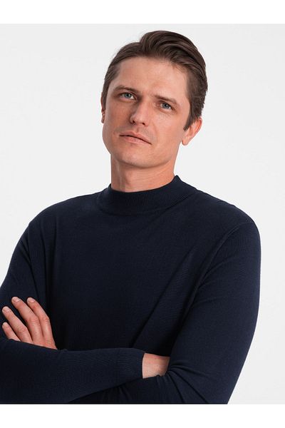 OMBRE Pánský pletený pologolf s viskózou - tmavě modrá V2 OM-SWTN-0100 L