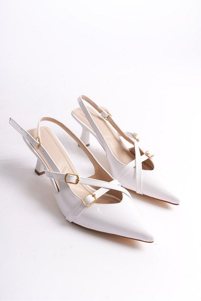 Bak Store Patent Leather White Stiletto - Banded Buckle Detail, Pointed Toe Wedding Bridal Shoes