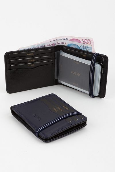 Fossil Boxed Genuine Leather Transparent Card Holder Navy Blue Rubber Closure Hand Portfolio Card Holder Wallet