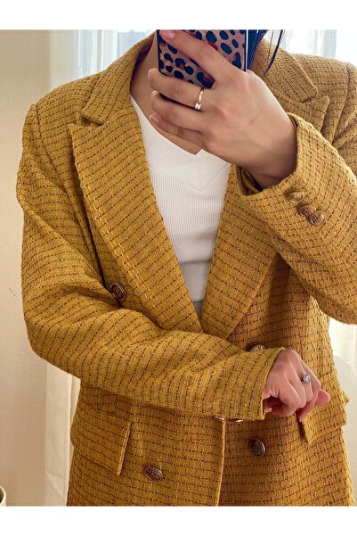 Azra Kadın Tüvit Ceket Gold Düğme Detaylı