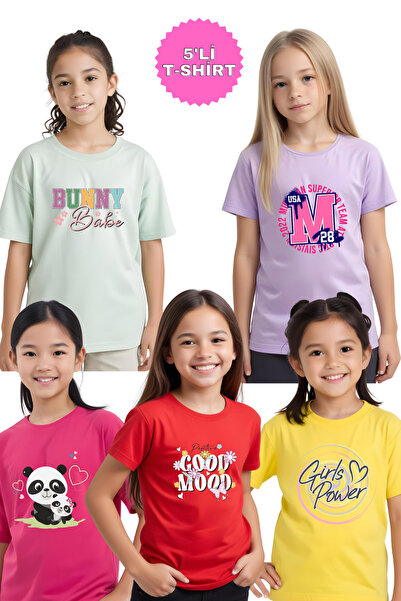 FYK COLLECTİON 5-Piece Mood-Mom Panda-Power-Girls-M Printed Girls' T-Shirt