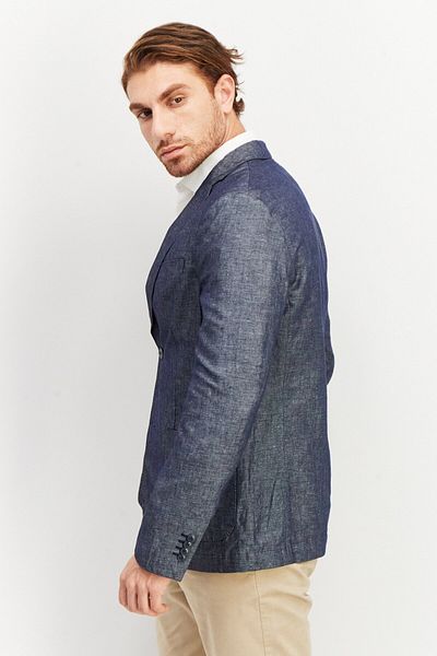 CELIO Men Slim Fit Chambray Long Sleeve Suit Jacket, Blue Denim