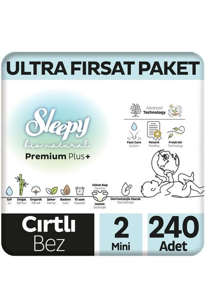 Sleepy Bio Natural Premium Plus Ultra Fırsat Paketi Bebek Bezi 2 Numara Mini 240 Adet