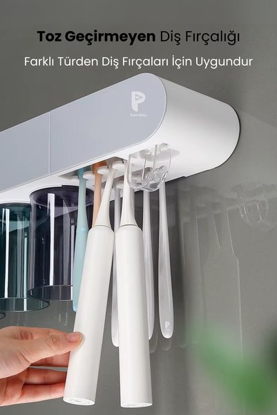 post alley Yapışkanlı Manyetik 4'lü Bardak Tutuculu Diş Macunu Sıkacağı Ve Tutacağı Banyo Düzenleyeci