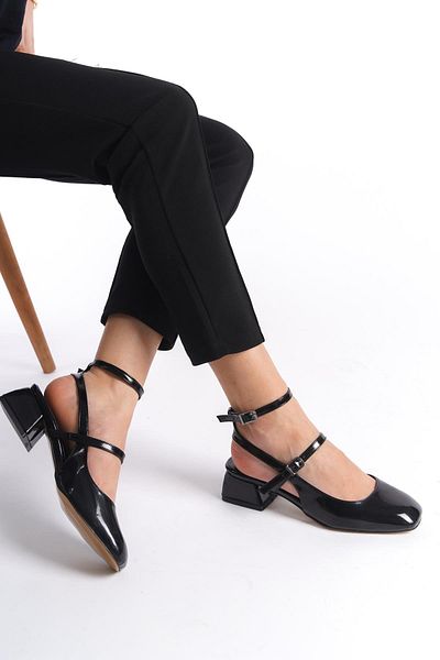 Bak Store Mary Jane, piele neagră, lacuită, cu spatele deschis, cu vârf pătrat, pantofi cu toc gros, cu vârf pătrat, slim Fit