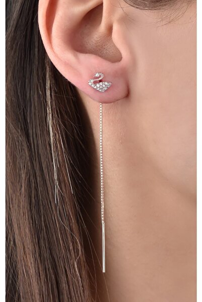 jelux silver Gümüş 925 Ayar Zirkon Taşlı Asansör Zincir Kuğu Model Rose Renkli Tekli Küpe