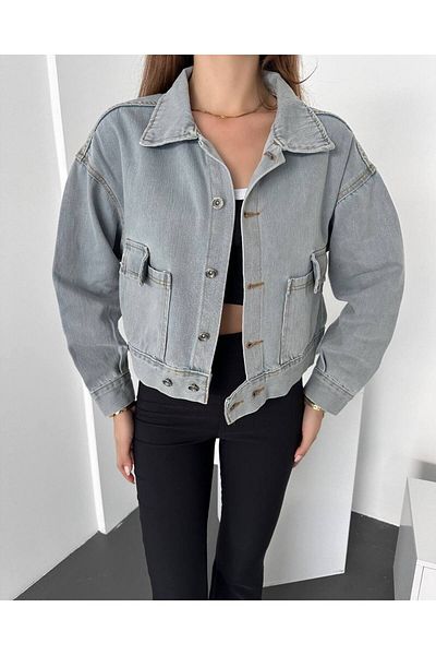 ÇEÇİM Women's Double Pocket Waist Button Detailed Denim Jacket Hyn-58034