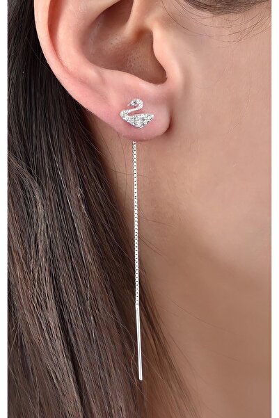 jelux silver Gümüş 925 Ayar Zirkon Taşlı Asansör Zincir Kuğu Model Tekli Küpe