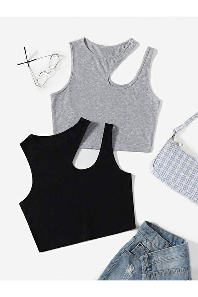 Lorya Giyim Kadın 2'li Paket Pamuklu Vücuda Yapışan Fitilli Sıfır Kol Damla Y...