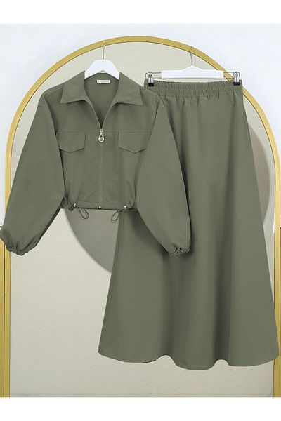 Modamorfo Khaki Colored Elastic Waist Skirt Suit